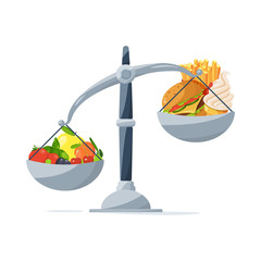 Healthy food and fast food on the scales. Choose that you eat. Vector picture in cartoon style