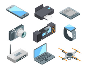 Computer, laptop, smartphone and other electronic gadgets isolated. Colored vector pictures in isometric style