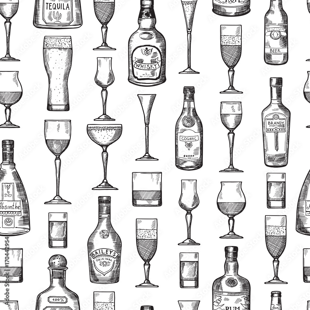 Canvas Prints seamless pattern with alcoholic drinking glasses. vector illustration in hand drawn style