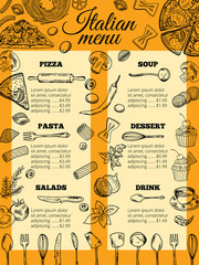 Italian food menu of different pasta and pizza. Design template for gourmet retaurant