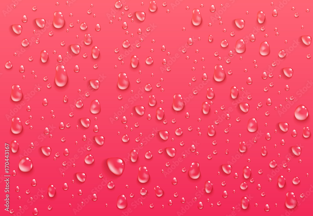 Wall mural realistic transparent water drops. pure condensed droplets on bright pink background. wet surface an