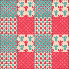 Seamless patchwork background with typically Christmas and New Year pattern with christmas tree, stars, snowflakes, cartoon reindeer face in Sants's hat
