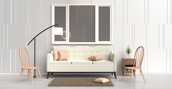 White room decorated with cream sofa,tree in glass vase, orange pillows, Blue book, Wood bedside table, lamp ,Wood chair, window,White cement wall it is pattern, white cement floor. 3d rendering.
