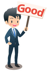 Goodの看板を持つスーツ姿の若い男性ビジネスマン