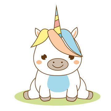 Cute unicorn sitting. Kawaii style. Cartoon magic animal character for kids, toddlers and babies fashion
