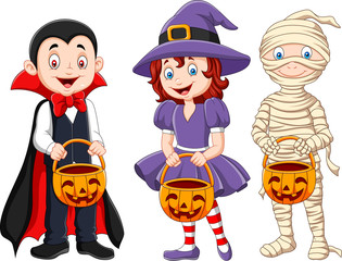 Cartoon kids with halloween costume holding pumpkin basket