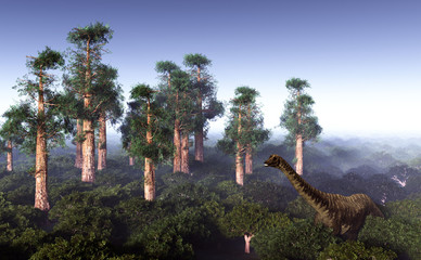 Prehistoric landscape with big diplodoc 3d rendering © satori