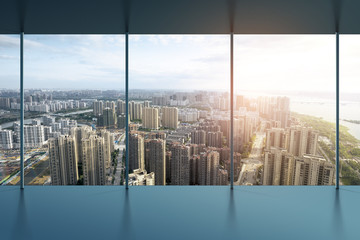 Aerial view of city buildings and river, China Nanchang
