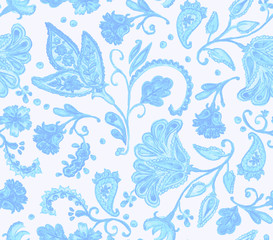 Hand drawn flower seamless pattern (tiling). Colorful seamless pattern with flowers, paisley and leaves. Doodle style. Perfect for textile, cover design.