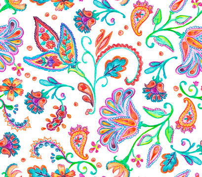 Hand drawn flower seamless pattern (tiling). Colorful seamless pattern with flowers, paisley and leaves. Isolated objects on a white background. Doodle style. Perfect for textile, cover design.