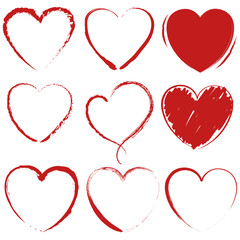 Abstract red heart shapes set, chalk heart design, doodle