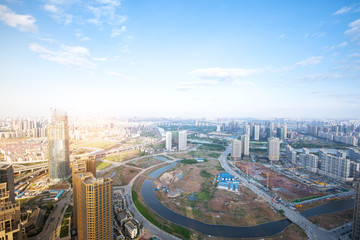 Aerial view of city buildings and river, China Nanchang