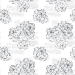 floral seamless pattern with peonies in watercolor style. Romantic background on grunge texture grey