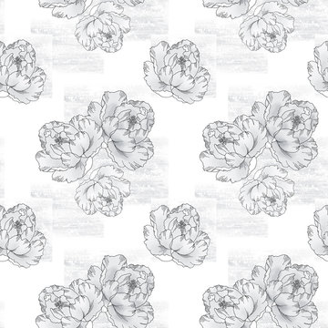 floral seamless pattern with peonies in watercolor style. Romantic background on grunge texture grey