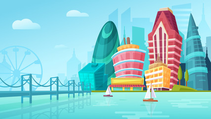 Vector cartoon illustration of an urban landscape with large modern buildings near bridge with yachts.