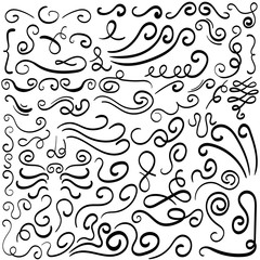 Set of hand drawn calligraphic design elements. Flourish swirl ornate decoration for wedding cards, in invitations, save the date cards, postcard, menu, romantic style.