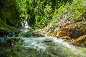 Beautiful small waterfall located inside of a green forest with stones in river at Mindo