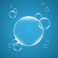 Realistic isolated Soap Bubbles on blue background. Vector Illustration