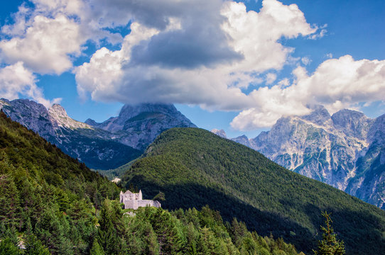 Ruins of Predel fort and Mt. Mangart in the background.