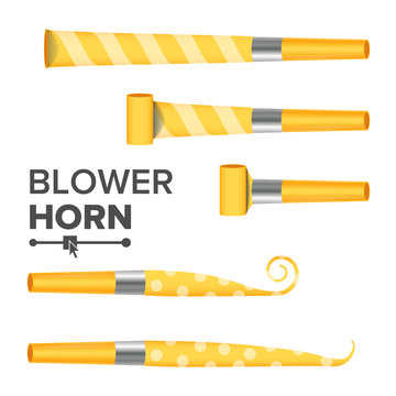 Blower Horn Vector. Yellow Party Blower Sign. Isolated Illustration