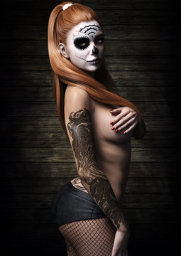Side portrait of a red headed woman semi nude with skull make up and tattoos wearing net stalkings. 3d rendering 