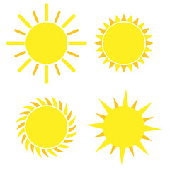 Yellow sun icon set isolated on white background. Modern simple flat sunlight, sign. Vector illustration