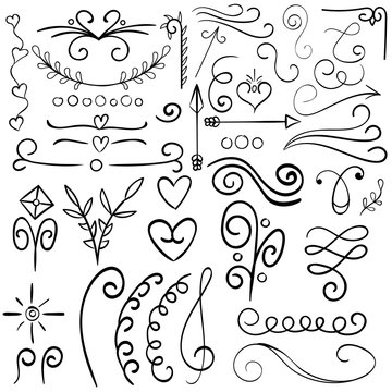 Calligraphic illustration set for text vintage ornaments with floral elements arrows, hand drawn