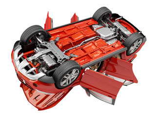 Naklejka premium Suv red car with open doors viewed from bottom.