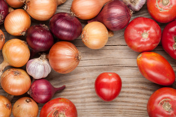 vegetables crop background onions garlic tomatoes top view