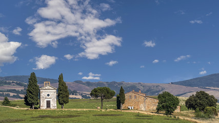 Beautiful view of Vitaleta Chapel, San Quirico d'Orcia, Siena, Tuscany, Italy