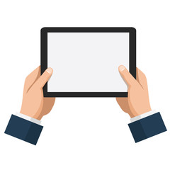 Businessman hold tablet with empty white screen - obrazy, fototapety, plakaty