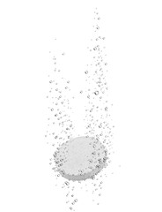 Medical pill dissolves in water on white background