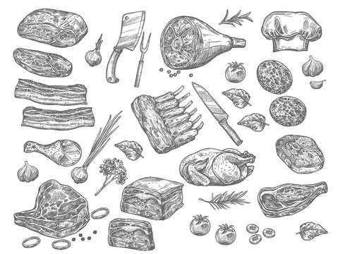 Vector Sketch Icons Of Meat For Butchery Shop