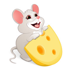   White mouse with cheese. Albino. Children's illustration. A white mouse with red eyes wants to eat a piece of cheese with big holes. Cheerful illustration of animals for children. 