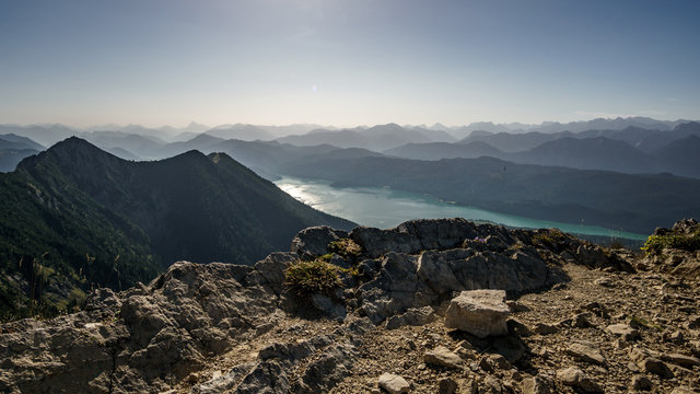 Far view on mountain range and lake.