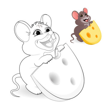 A little funny mouse with a stolen piece of cheese. Wants to eat a piece of cheese with big holes. Vector illustration, isolated. Coloring, Black and white picture for coloring. Children's creativity.