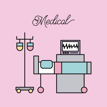 medical bed and iv stand bag monitoring machine hospital vector illustration