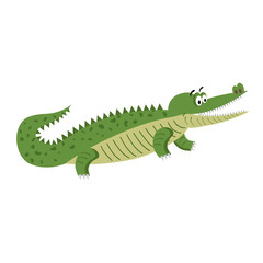 Green Cartoon Crocodile in Natural Pose Isolated
