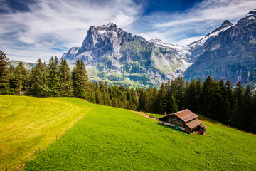 Fototapeta na wymiar Impressive view of alpine Eiger village. Location place Swiss alps, Grindelwald valley, Europe.
