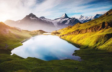 Fotobehang Panorama of Mt. Schreckhorn and Wetterhorn. Location place Bachalpsee in Swiss alps, Grindelwald, Europe. © Leonid Tit