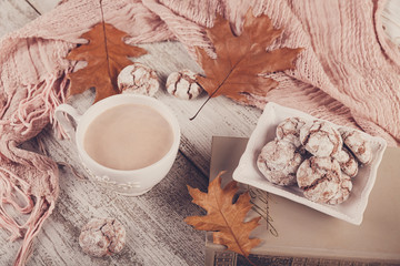 Autumn still life with cup of cocoa and chocolate cookies