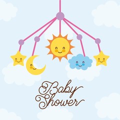 baby shower crib hanging toy with star moon cloud sun vector illustration