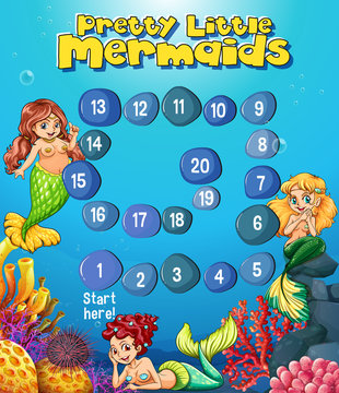 Boardgame template with mermaids under the sea