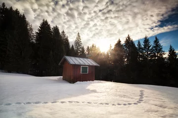 Fotobehang morning sunrise over cabin in winter alpine forest © Olha Rohulya