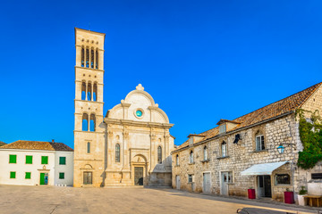 Old architecture cathedral Hvar. / Scenic view at largest square in Dalmatia region and cathedral of Hvar island, croatian famous travel places.