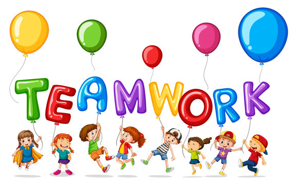 Children with balloons for word teamwork