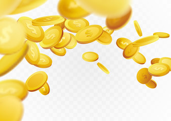 Flying realistic golden cash coins abstract background. Casino prize money Fortune rain flow jackpot. Isolated realistic 3D currency over white layout