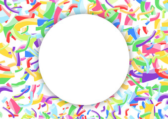 White advertising blank circle over colorful bright confetti background