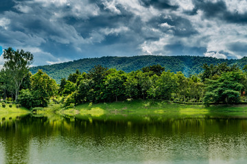 Fototapeta na wymiar Mountain trees and green lake
