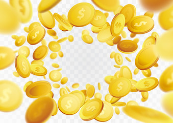 Golden realistic fortune coin falling frame background. Cash winning prize money swirl isolated over transparent background